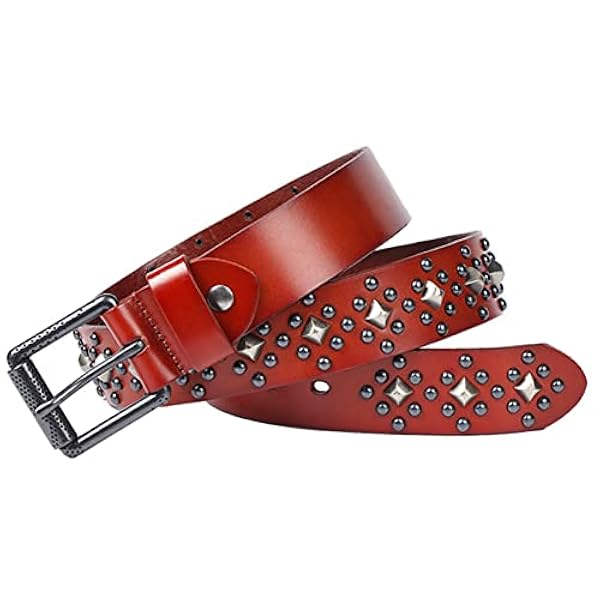 Rivete Bälte Gothic Pyramid Spik Och Rund Nit Punk Rock Arrangemang Denim Kohidbälte(125cm/waist:42"~44", Brown)